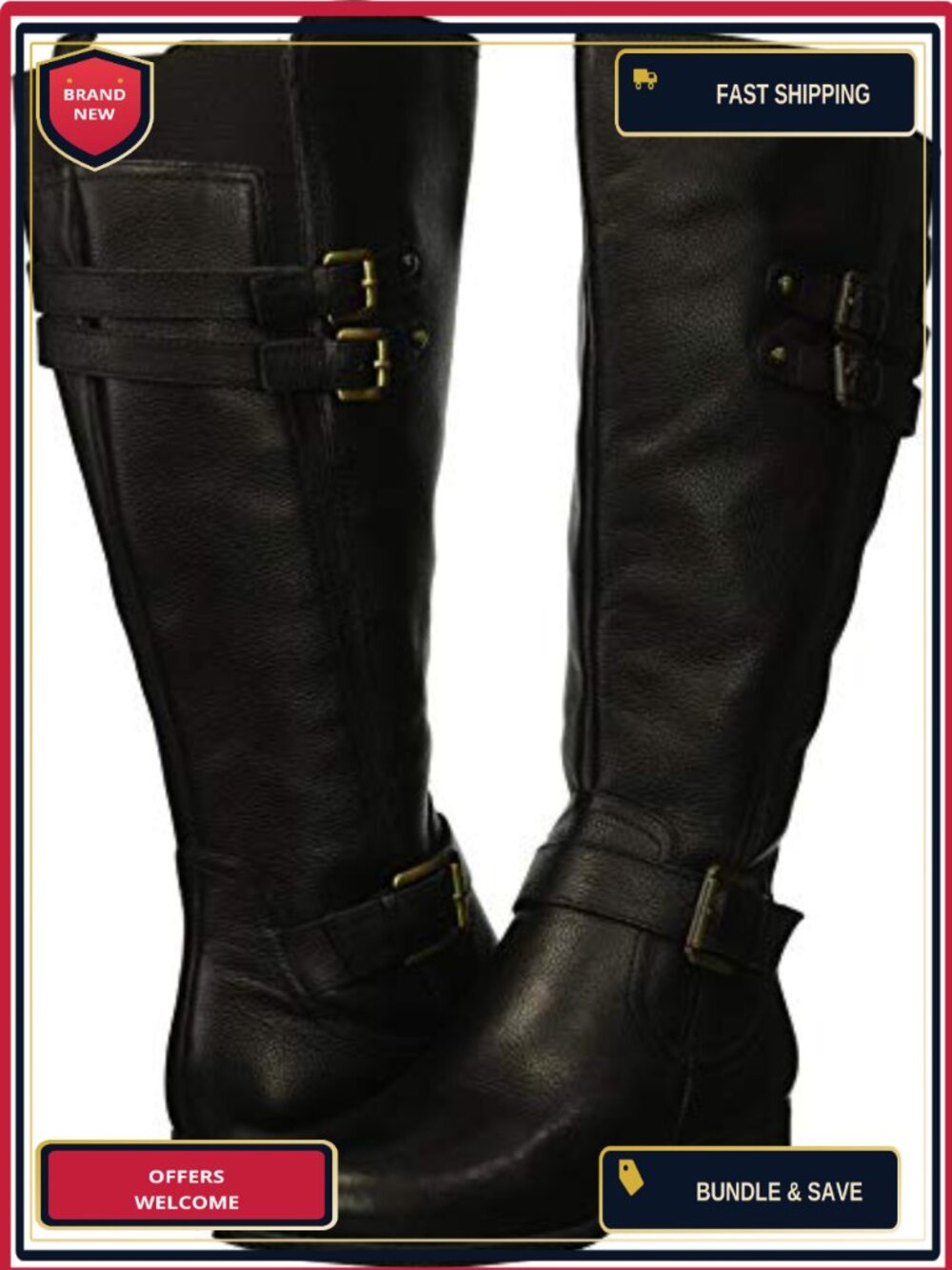 Women's Knee High Wide Calf Boots Leather Round Toe Riding Boots Zip Closure